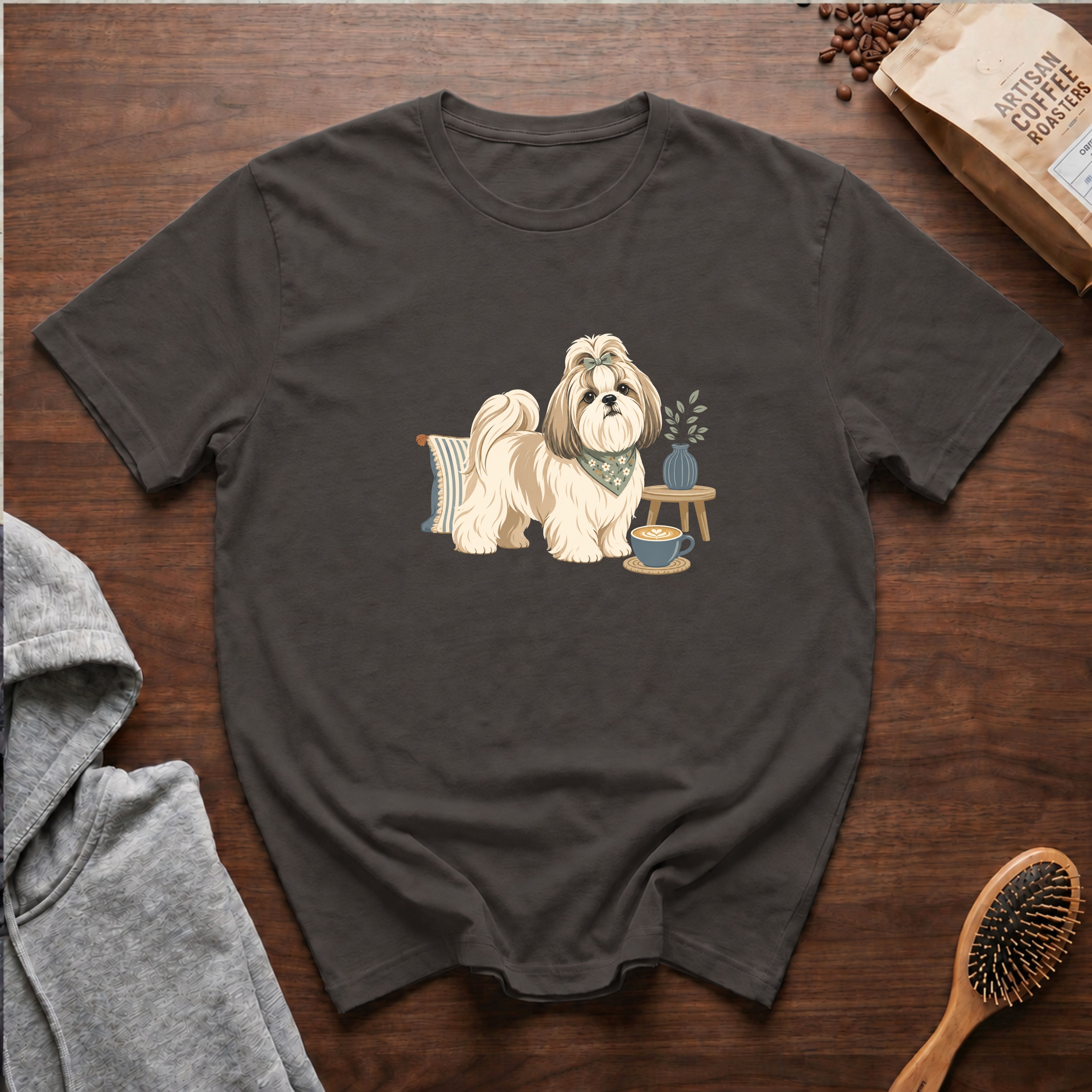 Shih Tzu Silk Pillow Latte T-Shirt — Pepper