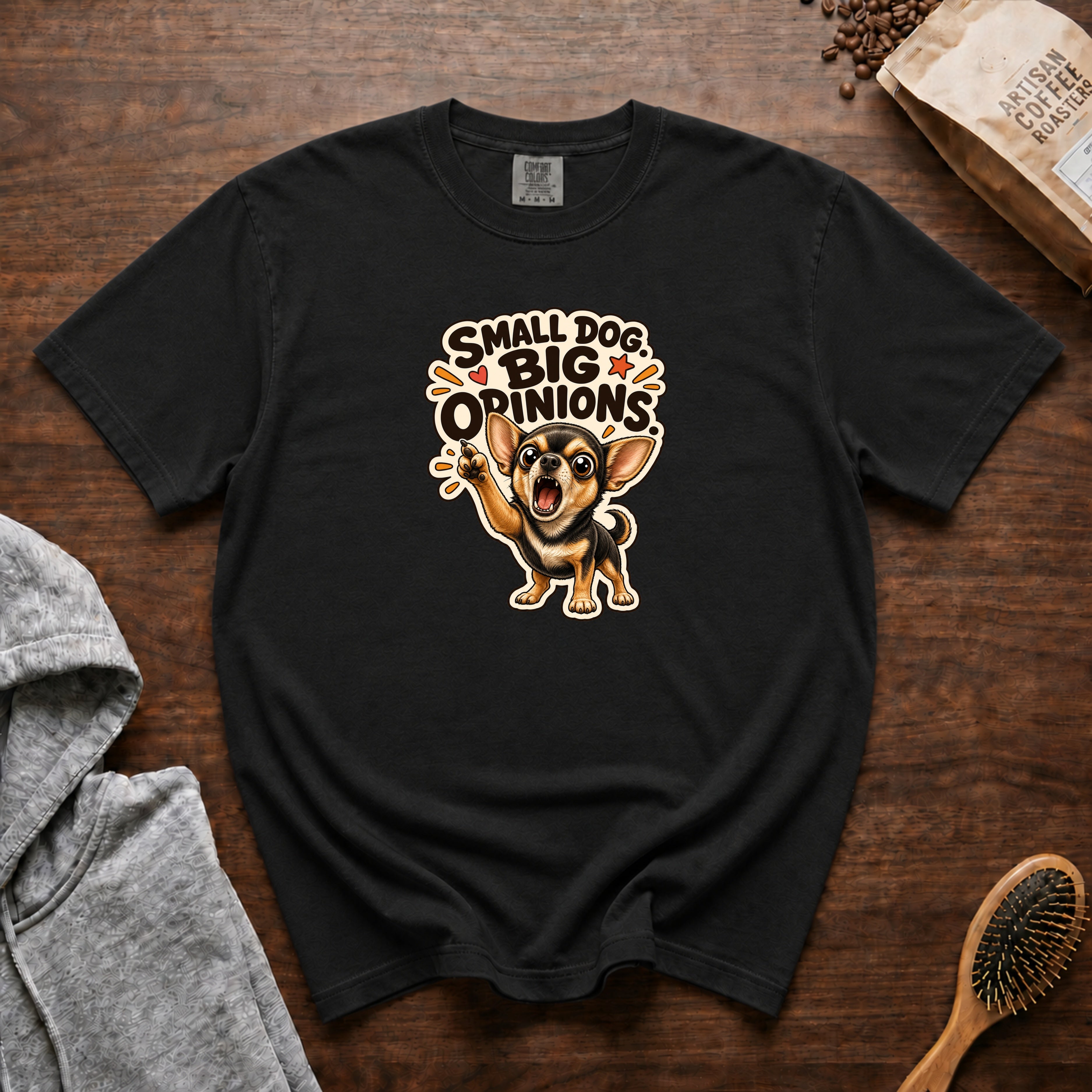 Small Dog Big Opinions T-Shirt — Black