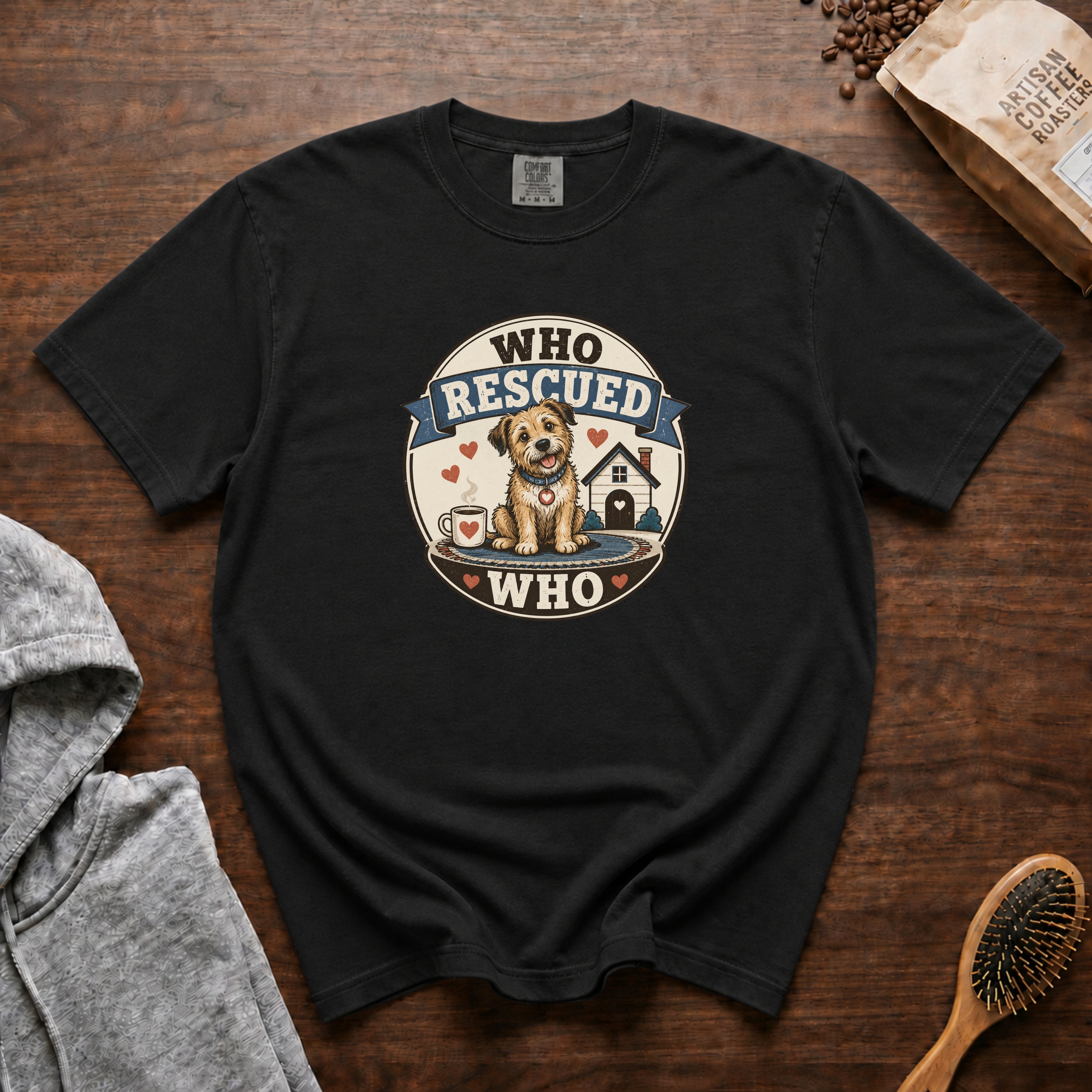 Who Rescued Who T-Shirt — Black