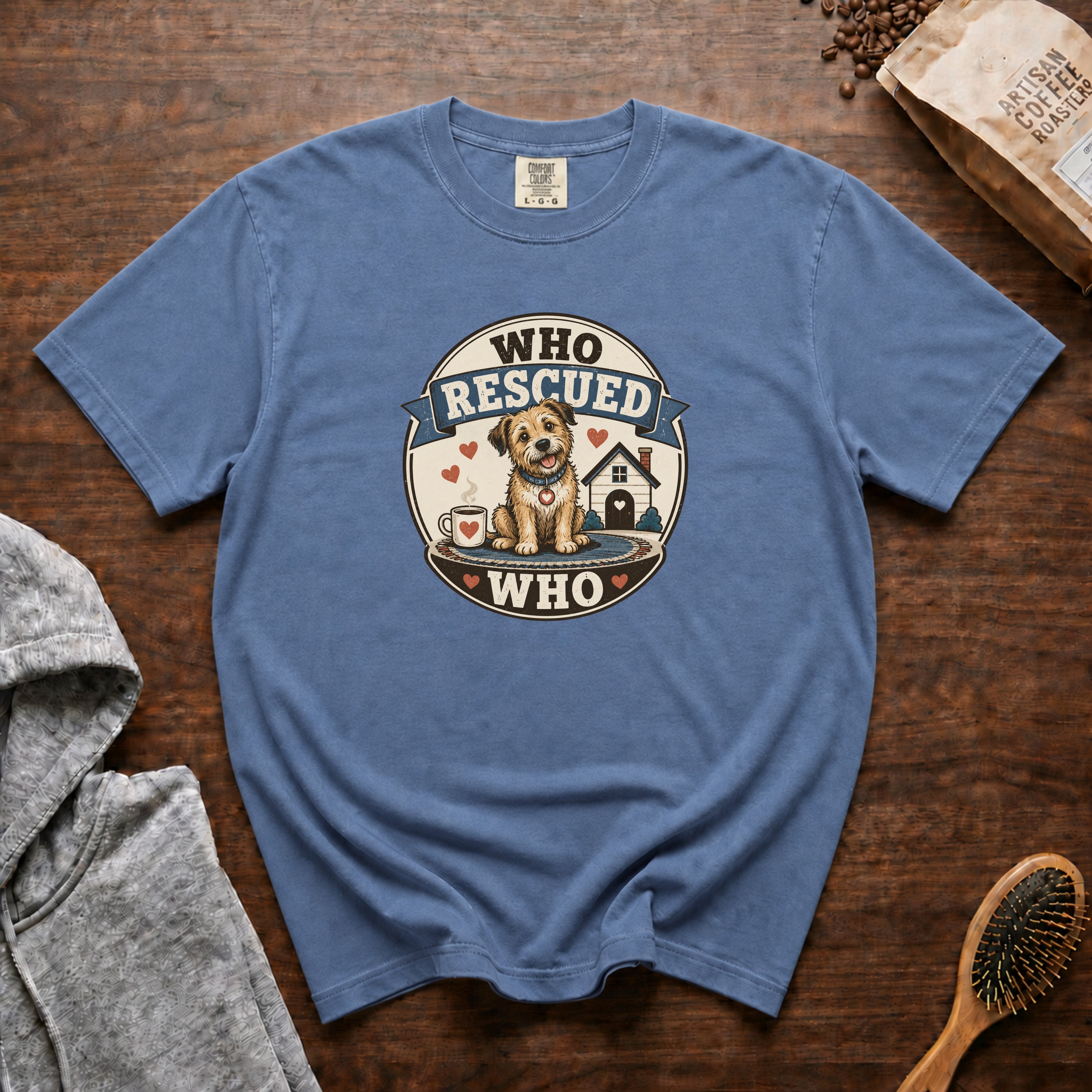 Who Rescued Who T-Shirt — Blue Jean