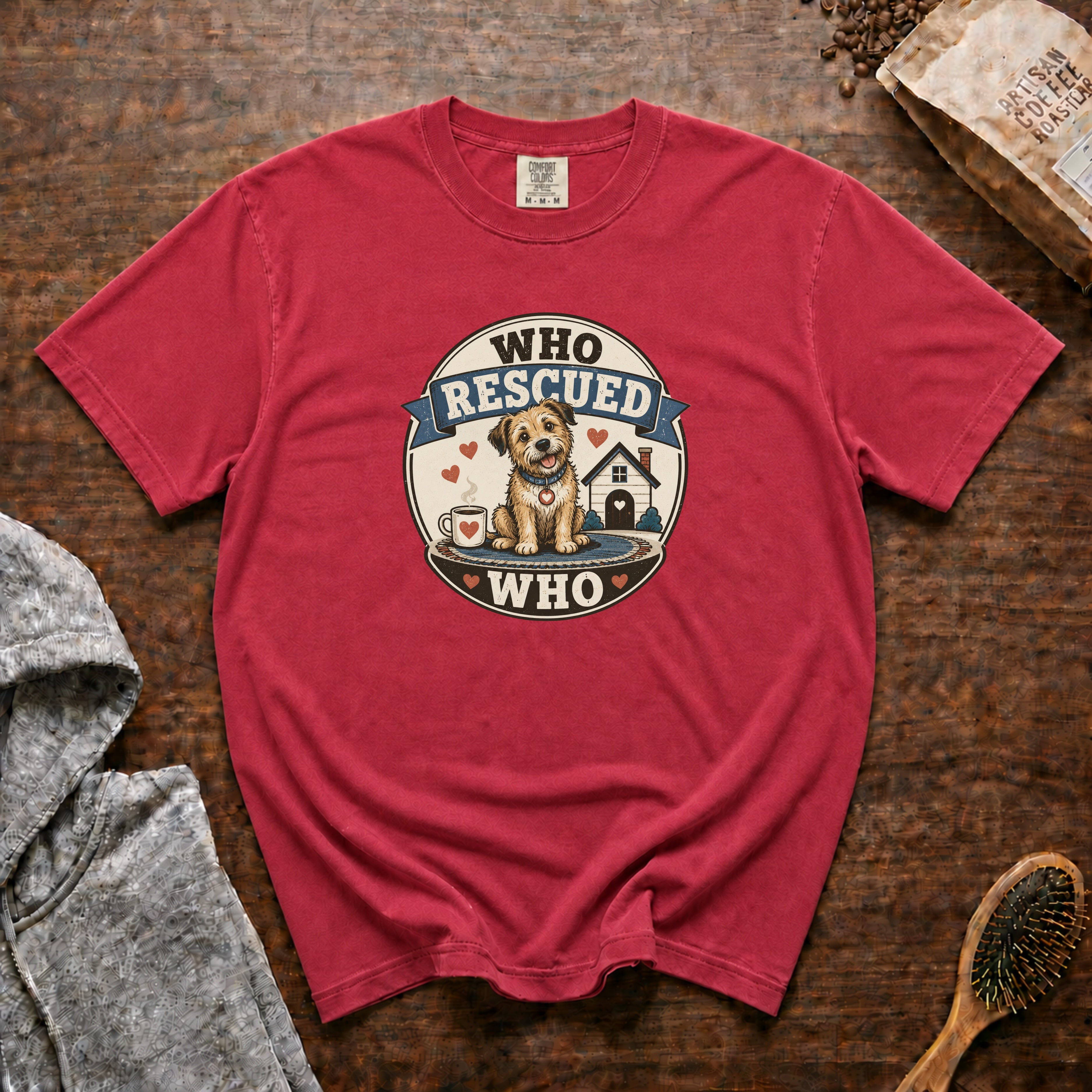 Who Rescued Who T-Shirt — Crimson