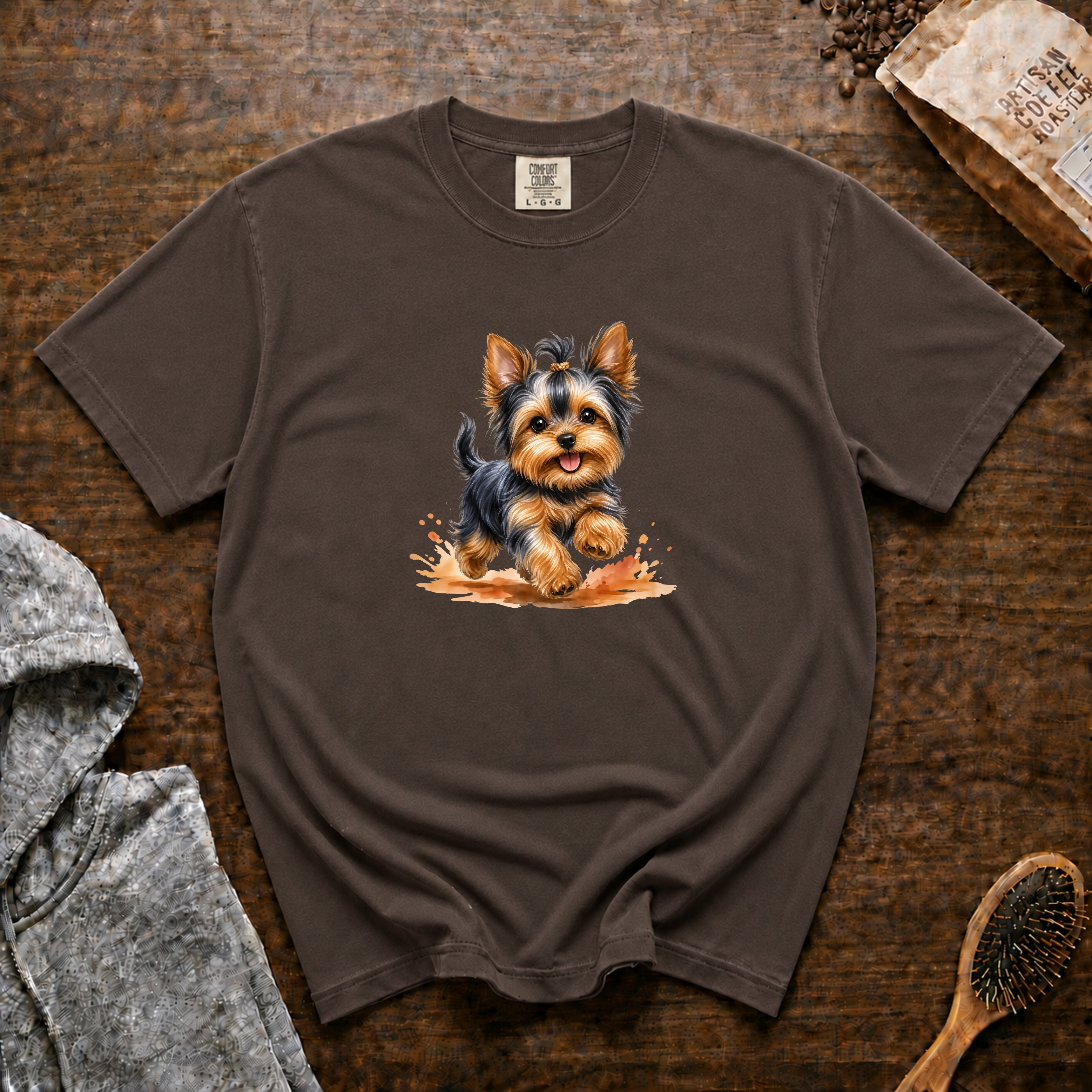 Yorkie Topknot Bounce T-Shirt — Espresso