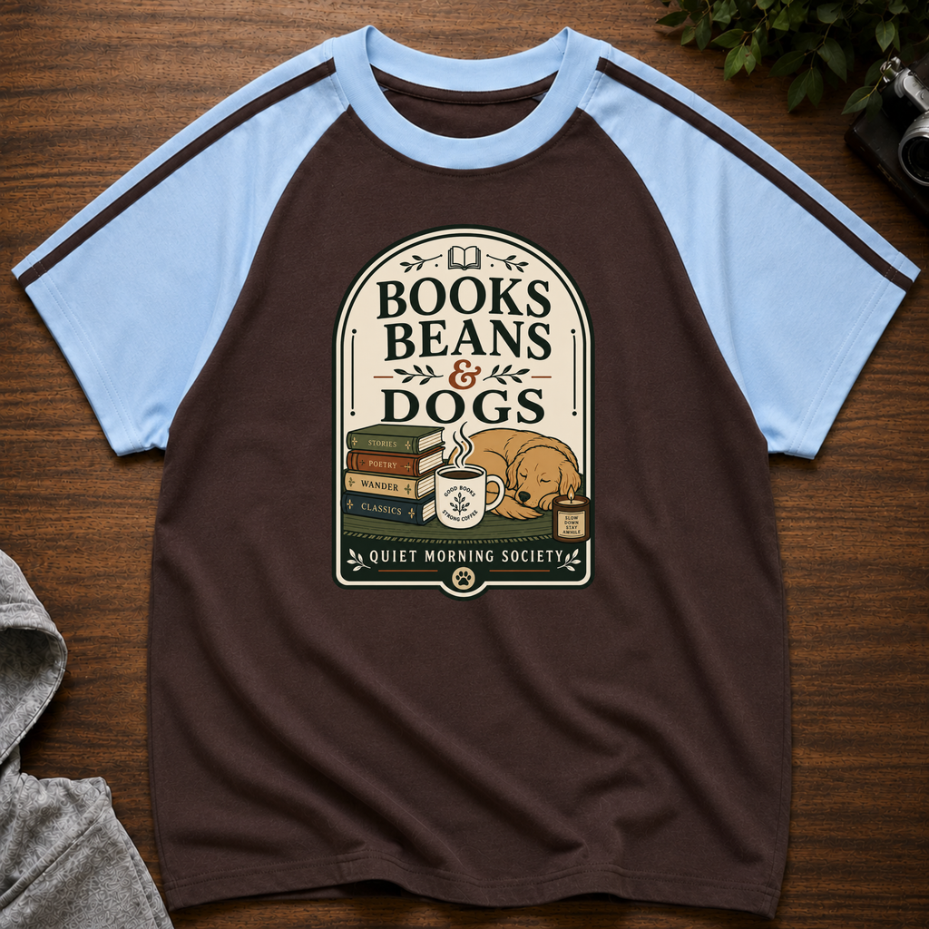 Books Beans and Dogs Brew Line Raglan T-Shirt