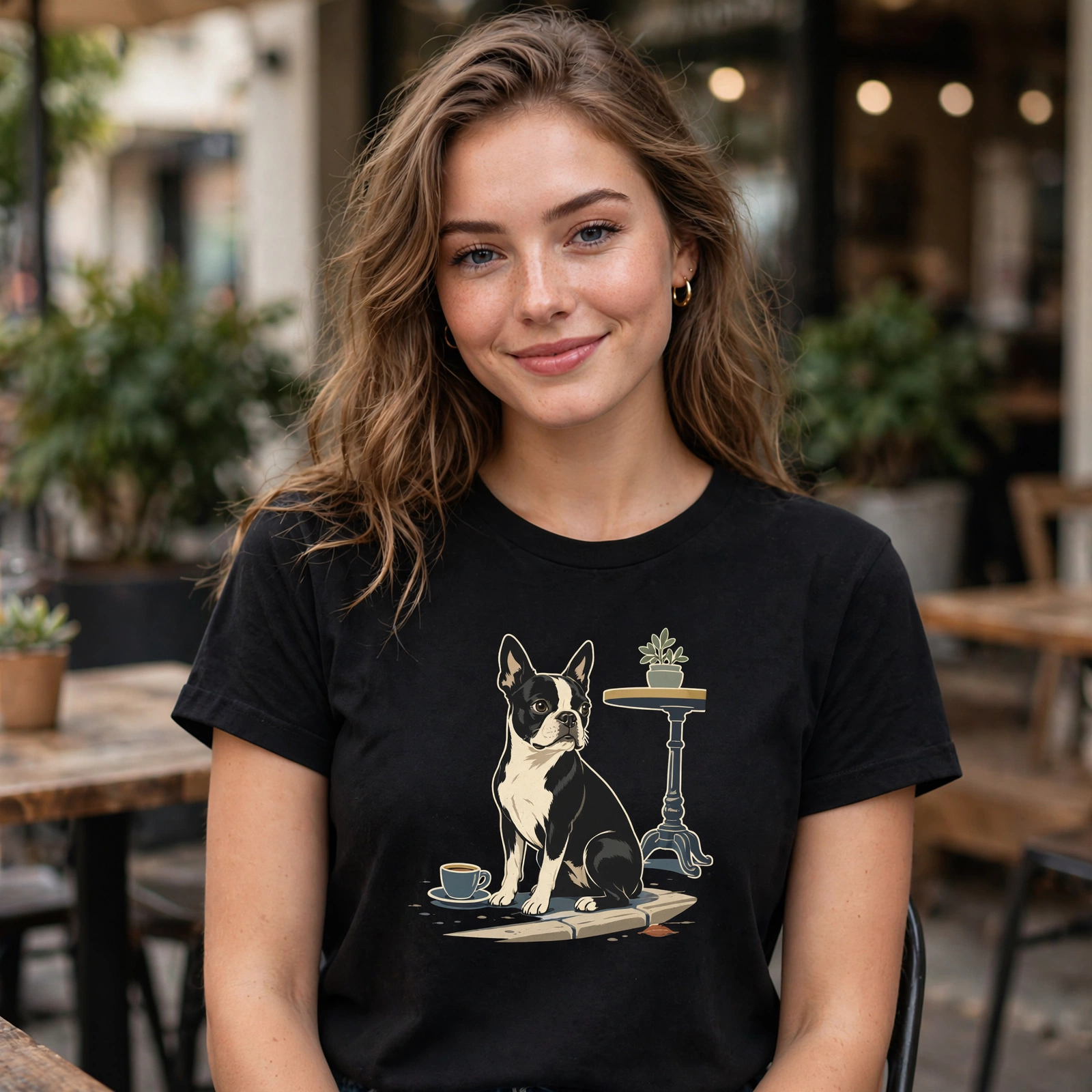 Boston Terrier Sidewalk Espresso T-Shirt | Bosty Coffee Tee