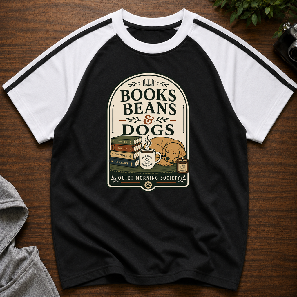 Books Beans and Dogs Brew Line Raglan T-Shirt