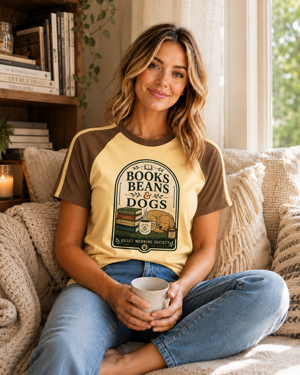 Books Beans and Dogs Brew Line Raglan T-Shirt
