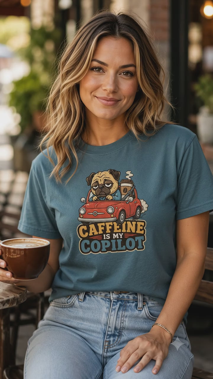 Caffeine Is My Copilot T-Shirt | Funny Dog Coffee Lover Tee
