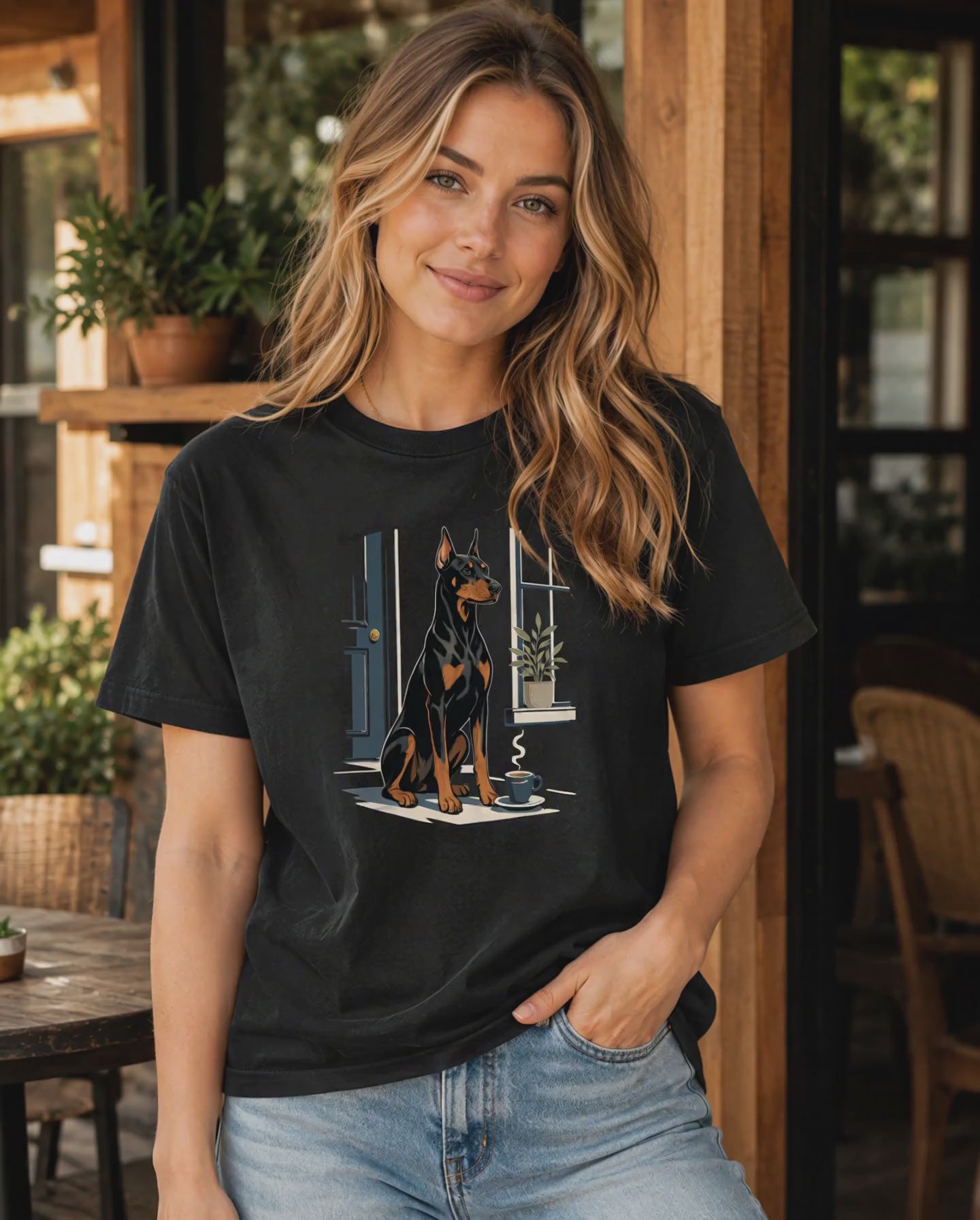 Doberman Pinscher Night Watch Espresso T-Shirt | Dobie Coffee Tee