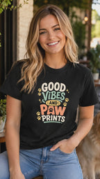 Good Vibes And Paw Prints T-Shirt | Dog Lover Good Vibes Tee