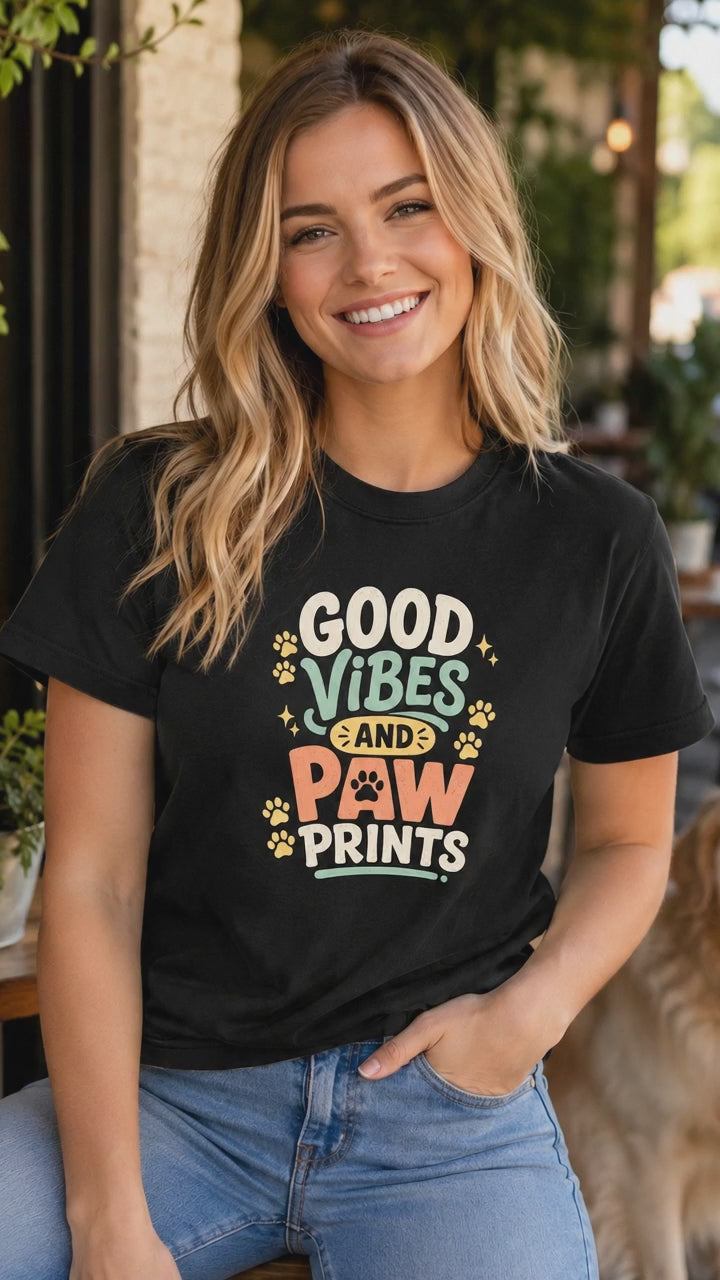 Good Vibes And Paw Prints T-Shirt | Dog Lover Good Vibes Tee